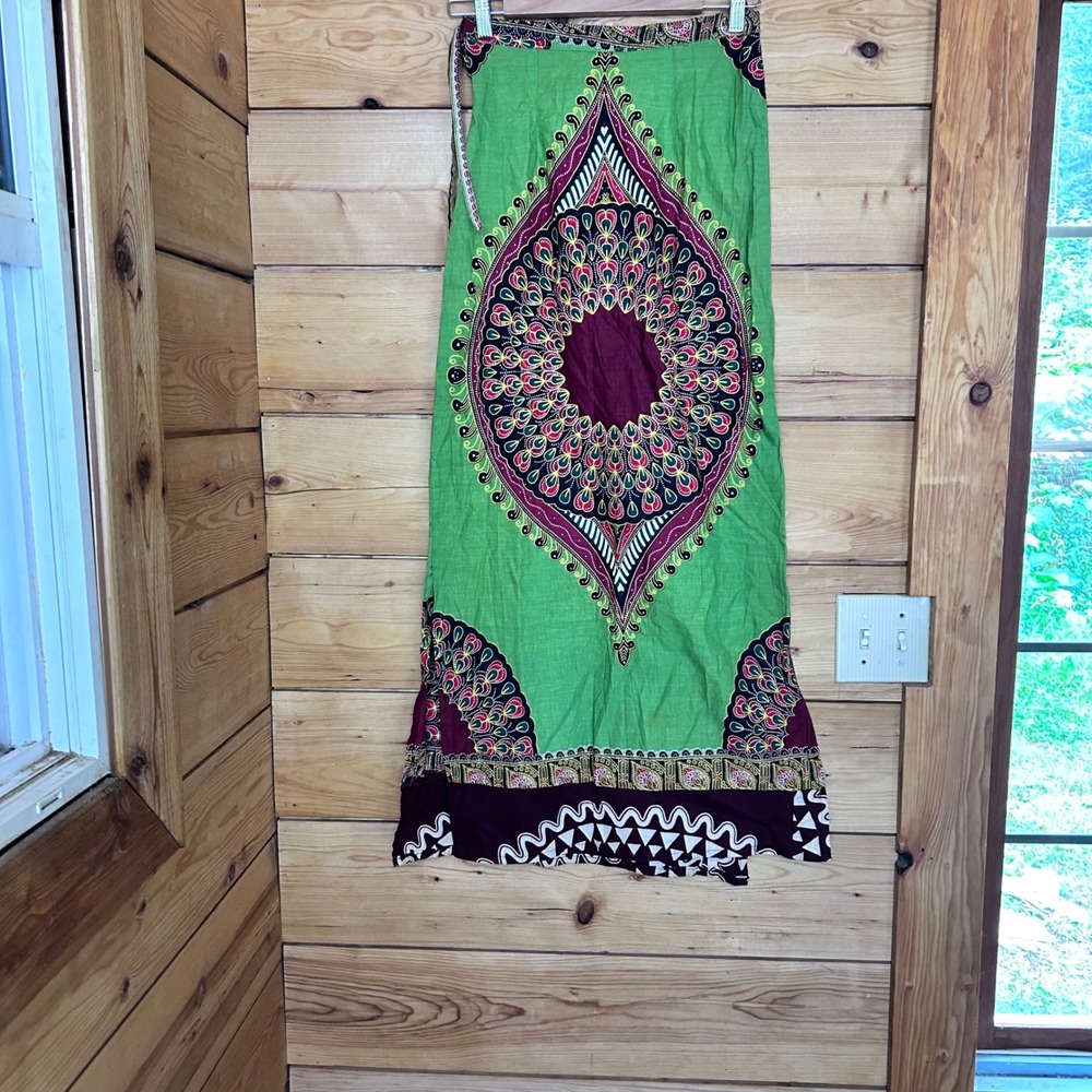 Vintage Maxi Skirt Womens Small Green Dashiki African Wax Print Cotton MCM